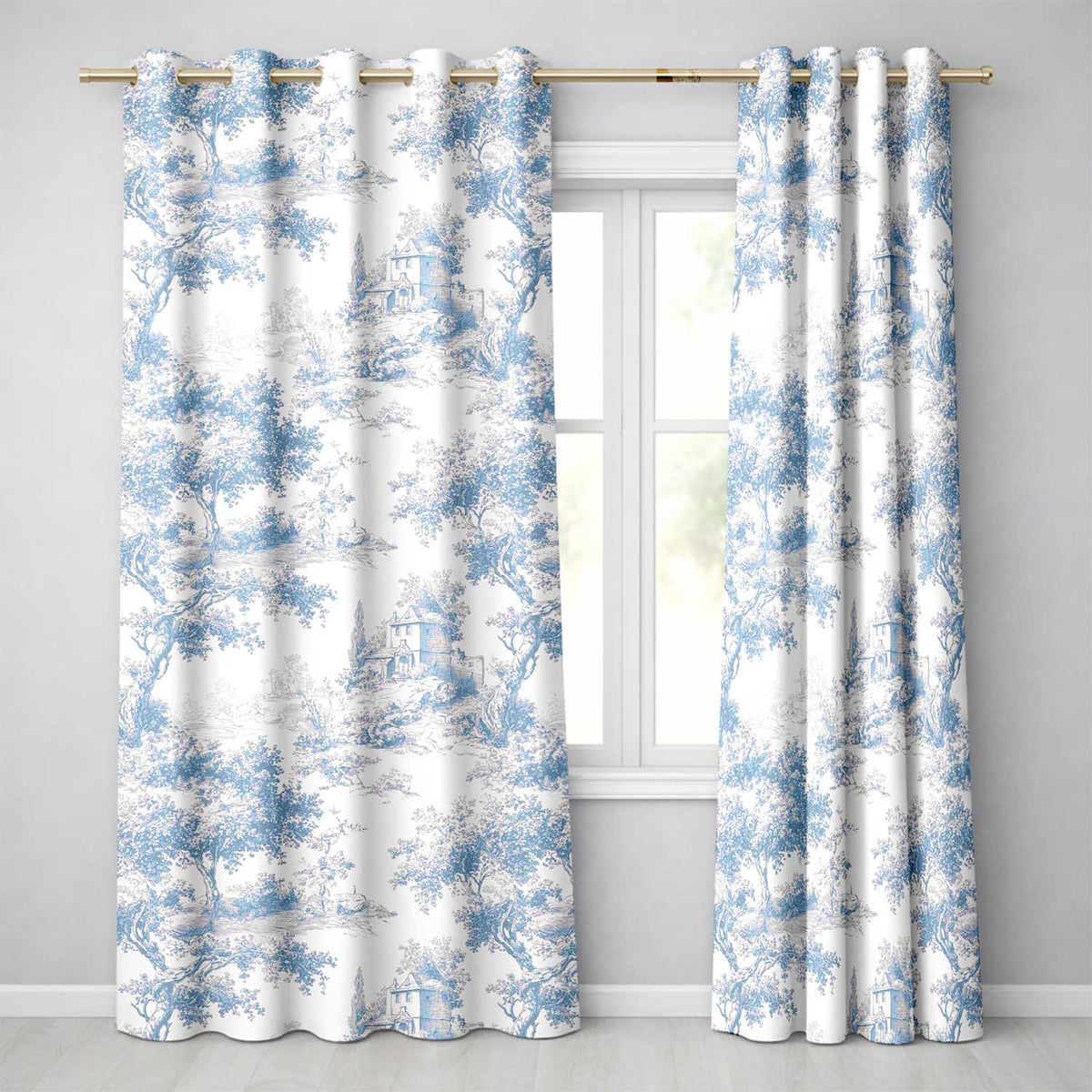 Vintage Toile Scenic Countryside Trees Village Blue White Seamless Pattern  Readymade Eyelet Ring Top Thermal 100% Blackout Curtains
