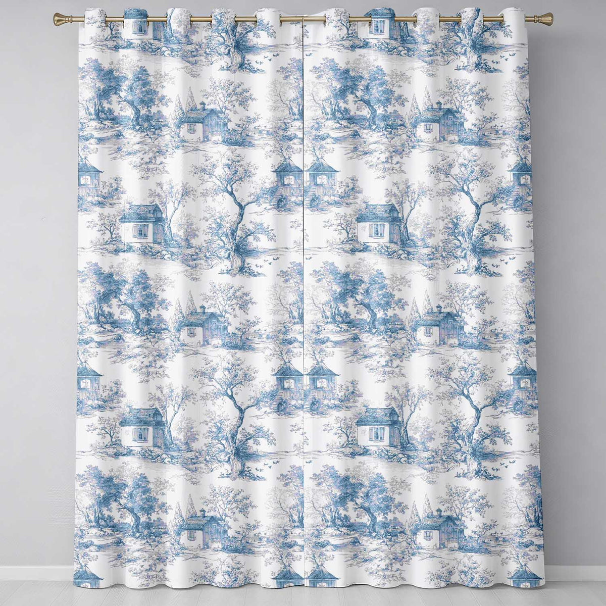 Vintage Toile Cottage Garden Landscape Blue White Seamless Pattern  Readymade Eyelet Ring Top Thermal 100% Blackout Curtains