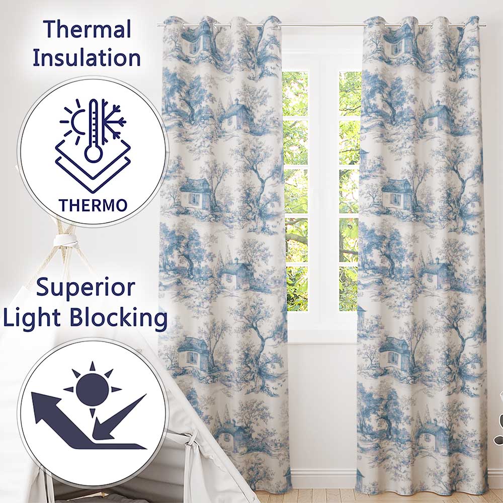 Vintage Toile Cottage Garden Landscape Blue White Seamless Pattern  Readymade Eyelet Ring Top Thermal 100% Blackout Curtains