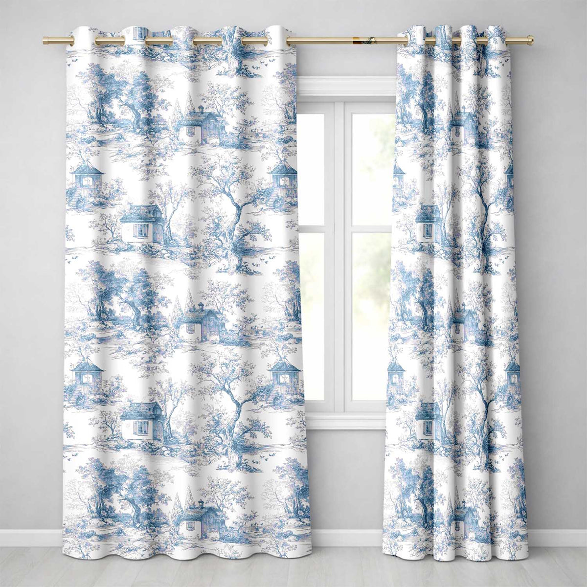 Vintage Toile Cottage Garden Landscape Blue White Seamless Pattern  Readymade Eyelet Ring Top Thermal 100% Blackout Curtains
