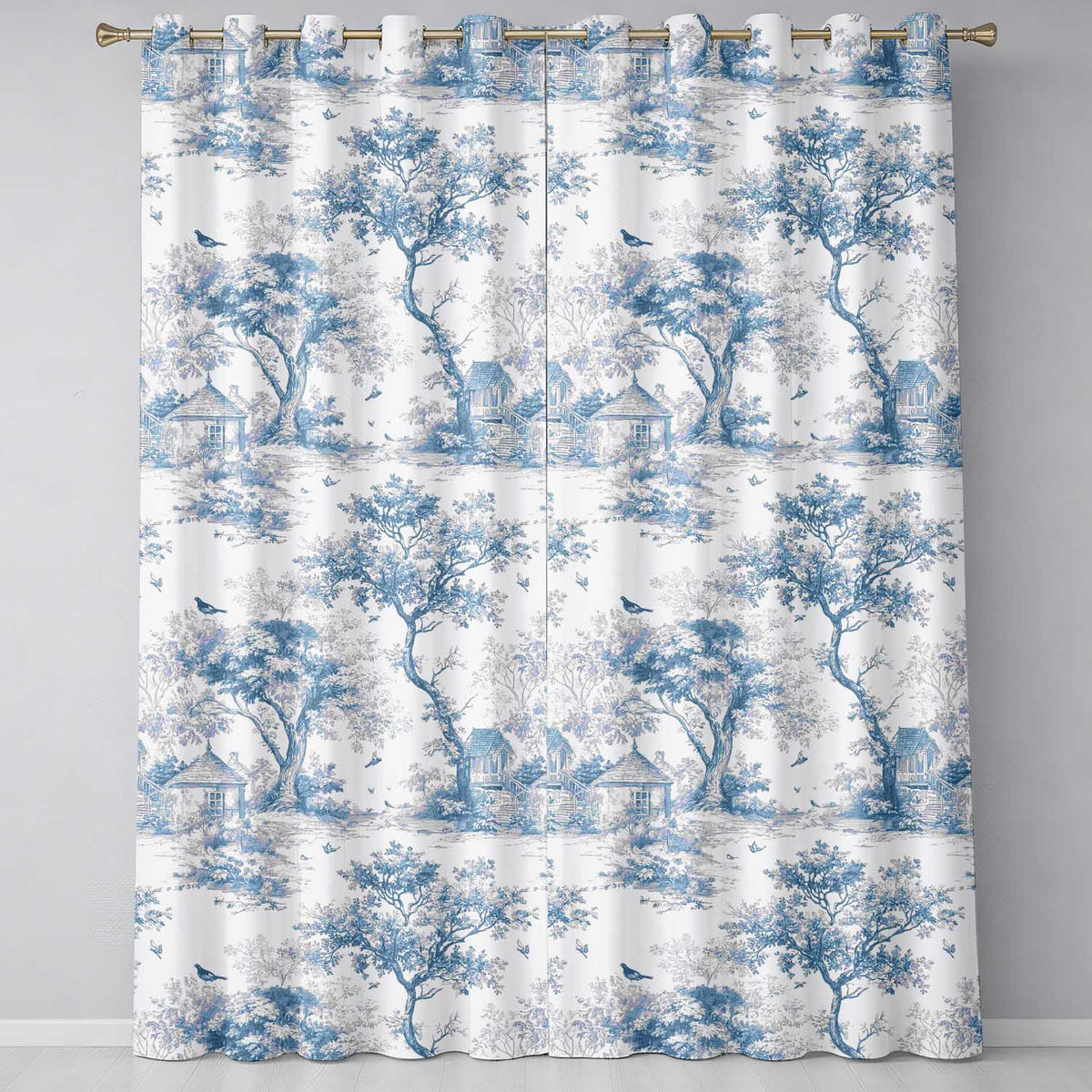 Vintage Toile Birds Nature Countryside Scene Blue White Seamless Pattern  Readymade Eyelet Ring Top Thermal 100% Blackout Curtains