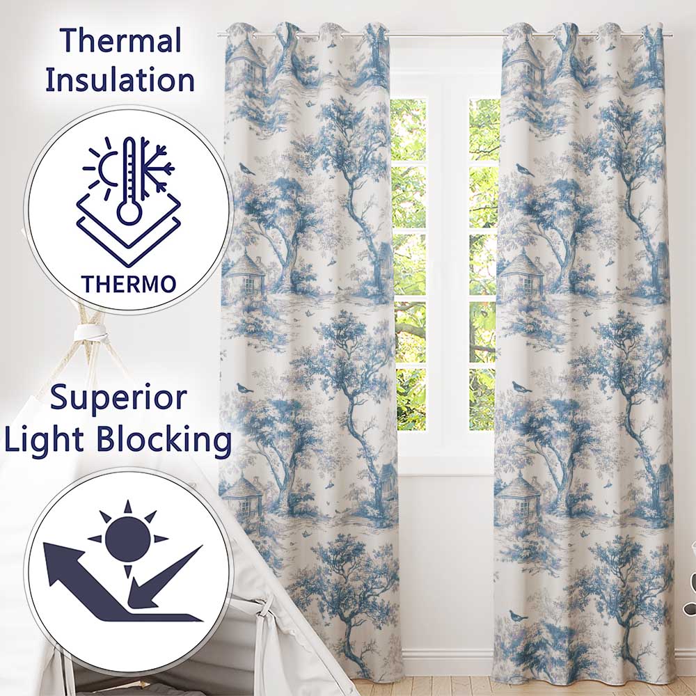 Vintage Toile Birds Nature Countryside Scene Blue White Seamless Pattern  Readymade Eyelet Ring Top Thermal 100% Blackout Curtains