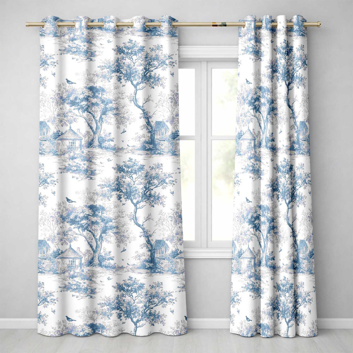 Vintage Toile Birds Nature Countryside Scene Blue White Seamless Pattern  Readymade Eyelet Ring Top Thermal 100% Blackout Curtains