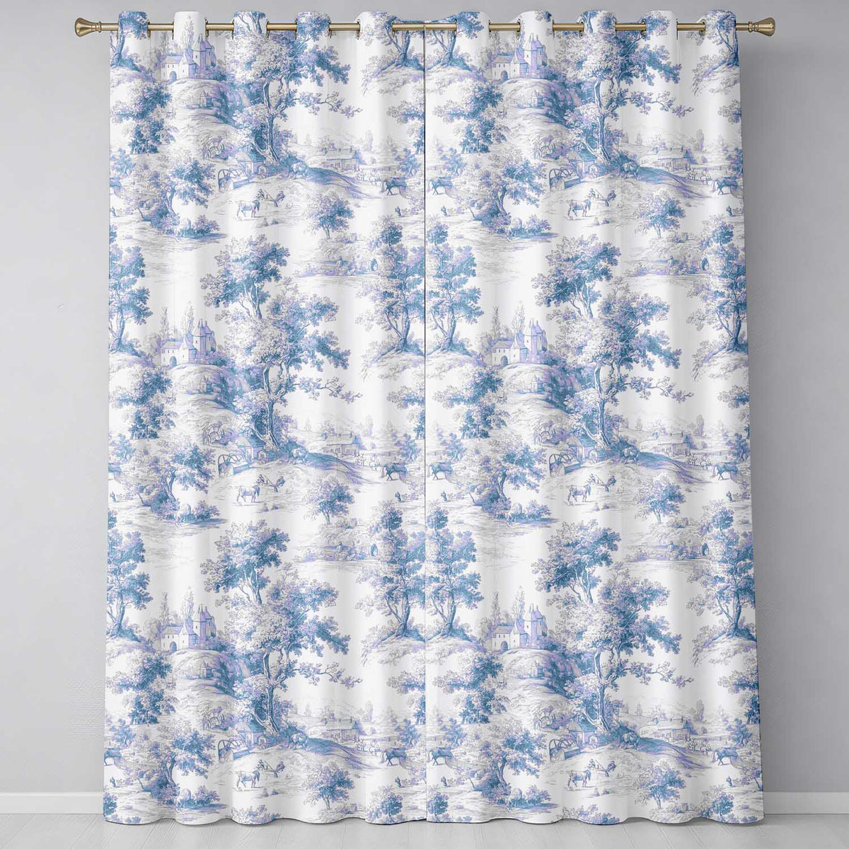 Vintage Toile Classic Rural Landscape Scene Blue White Seamless Pattern  Readymade Eyelet Ring Top Thermal 100% Blackout Curtains