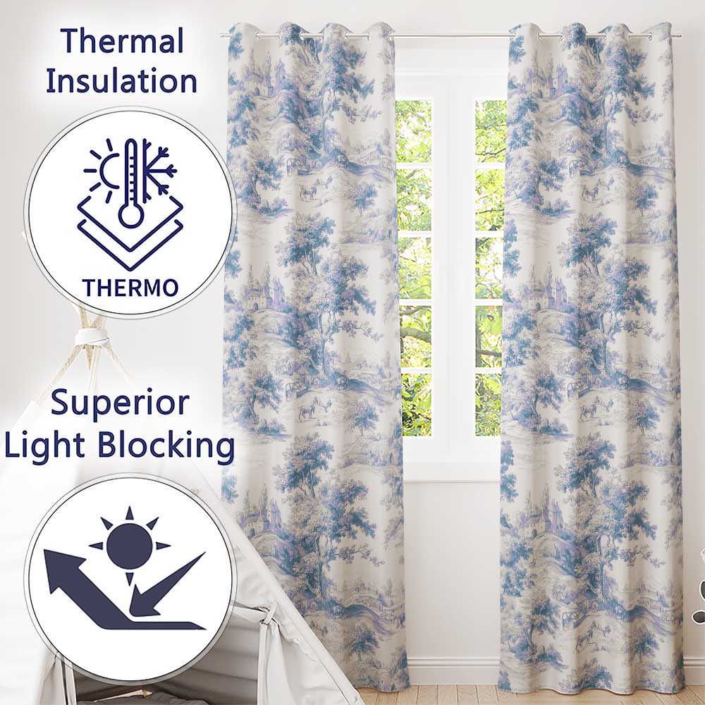 Vintage Toile Classic Rural Landscape Scene Blue White Seamless Pattern  Readymade Eyelet Ring Top Thermal 100% Blackout Curtains