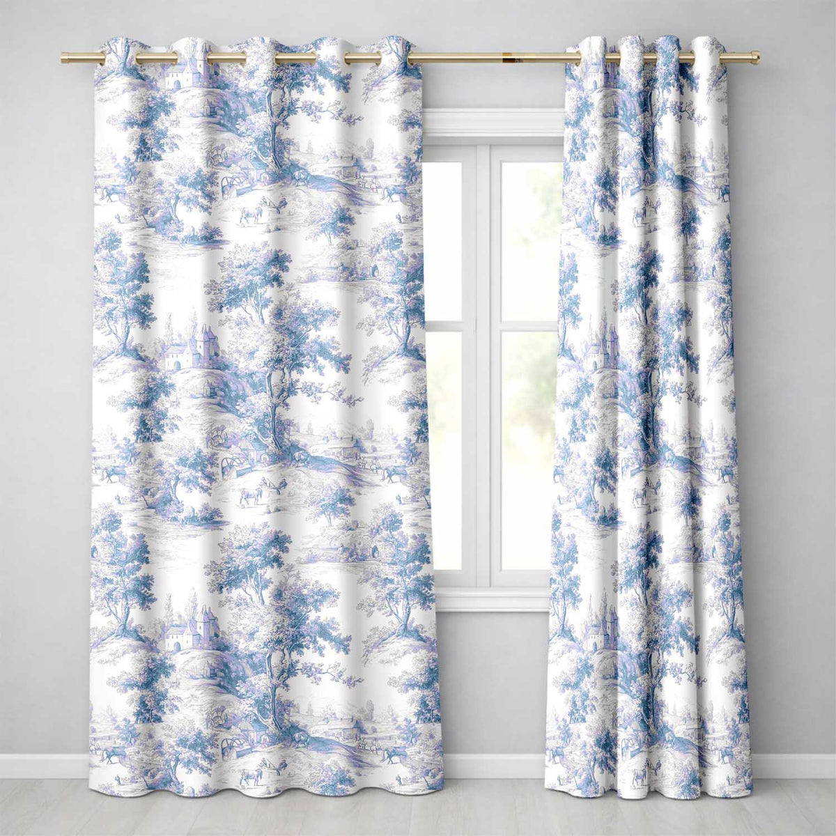 Vintage Toile Classic Rural Landscape Scene Blue White Seamless Pattern  Readymade Eyelet Ring Top Thermal 100% Blackout Curtains