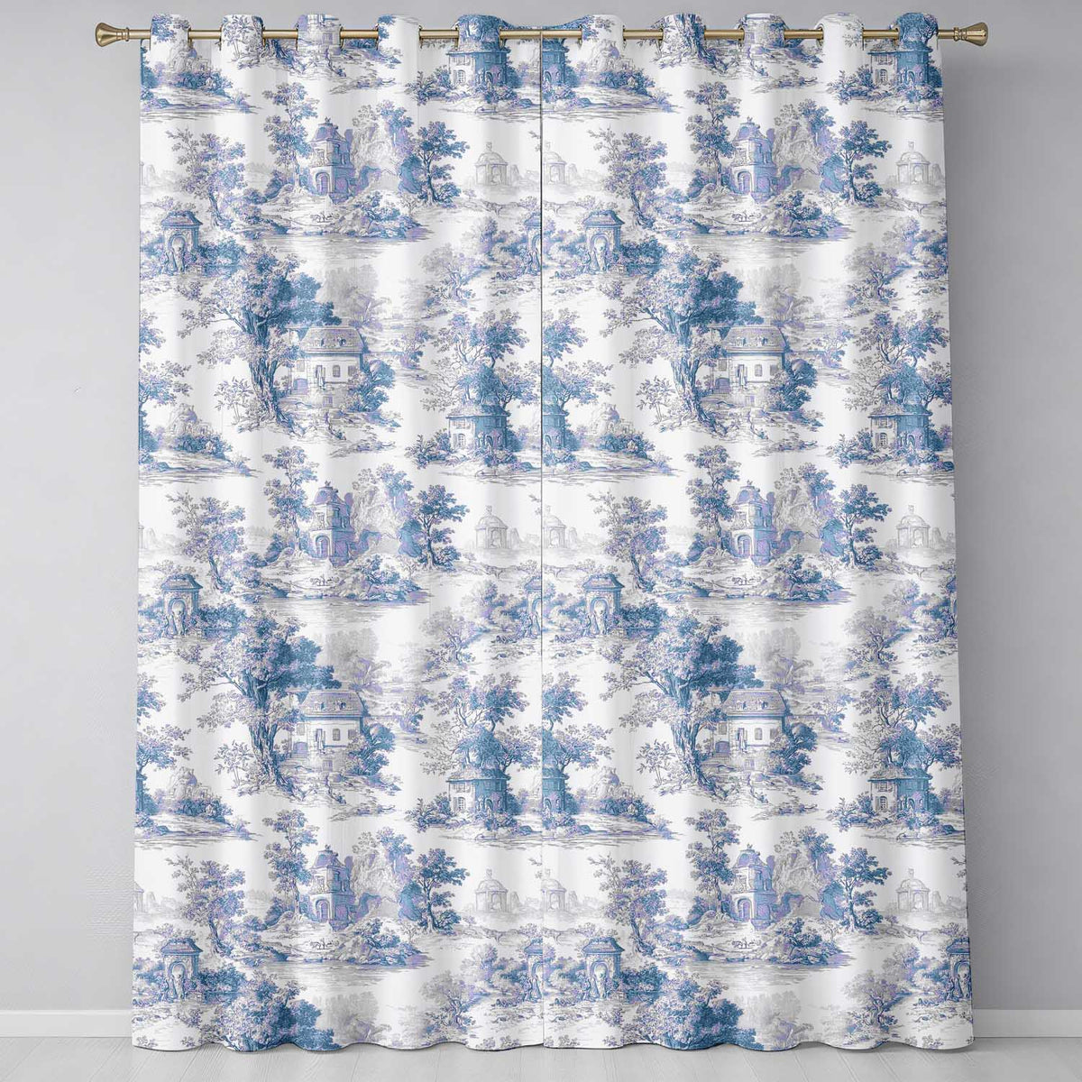 Vintage Toile Classic Village Scenic Landscape Blue White Seamless Pattern  Readymade Eyelet Ring Top Thermal 100% Blackout Curtains