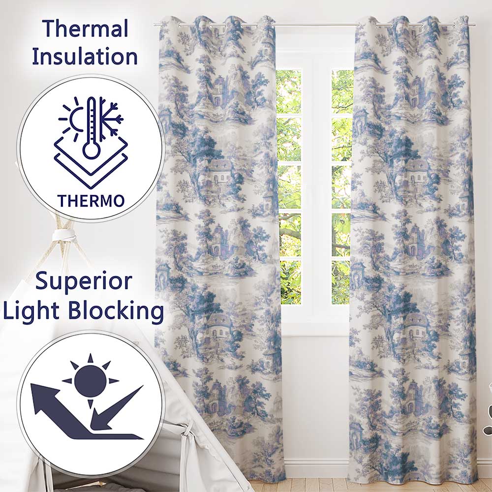 Vintage Toile Classic Village Scenic Landscape Blue White Seamless Pattern  Readymade Eyelet Ring Top Thermal 100% Blackout Curtains