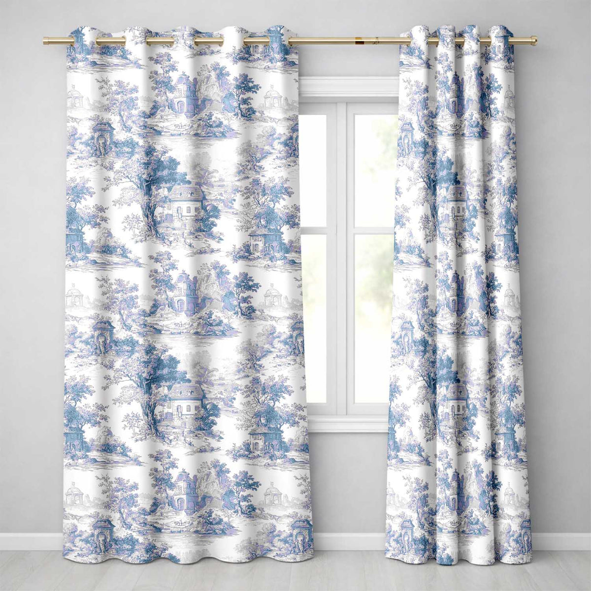 Vintage Toile Classic Village Scenic Landscape Blue White Seamless Pattern  Readymade Eyelet Ring Top Thermal 100% Blackout Curtains