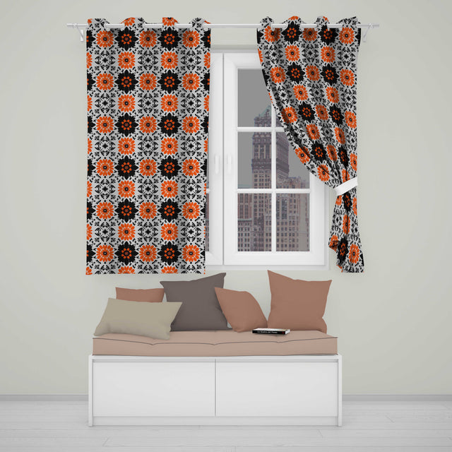 Bold Orange Black Floral Folk Art Seamless Pattern  Readymade Eyelet Ring Top Thermal 100% Blackout Curtains