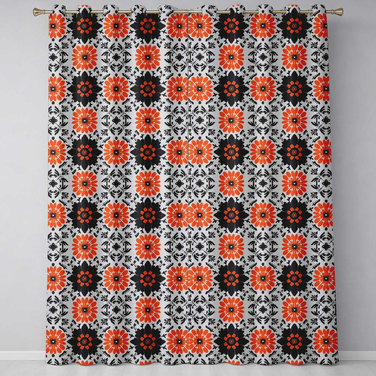 Bold Orange Black Floral Folk Art Seamless Pattern  Readymade Eyelet Ring Top Thermal 100% Blackout Curtains