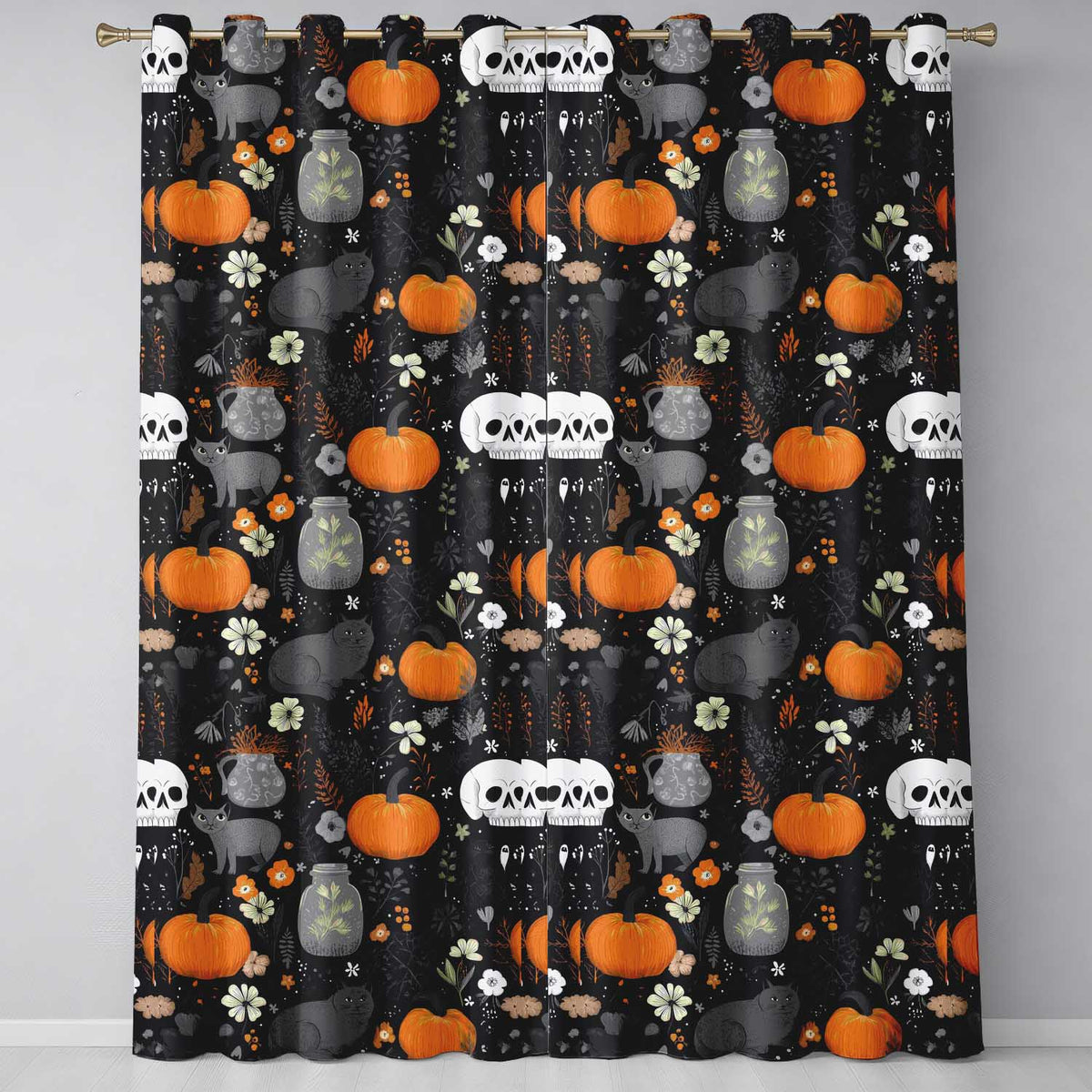 Autumn Pumpkin Cat Botanical Dark Seamless Pattern  Readymade Eyelet Ring Top Thermal 100% Blackout Curtains