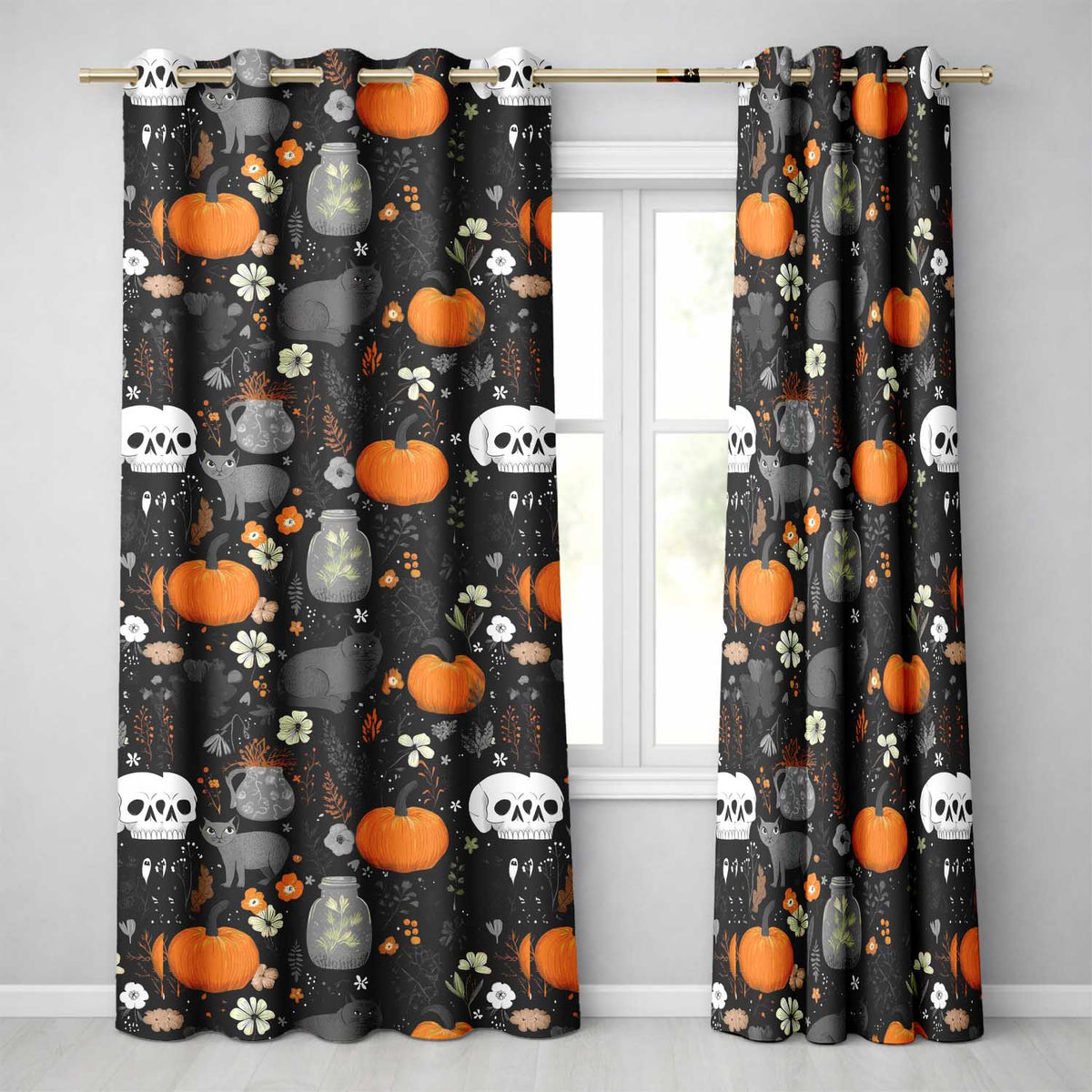 Autumn Pumpkin Cat Botanical Dark Seamless Pattern  Readymade Eyelet Ring Top Thermal 100% Blackout Curtains