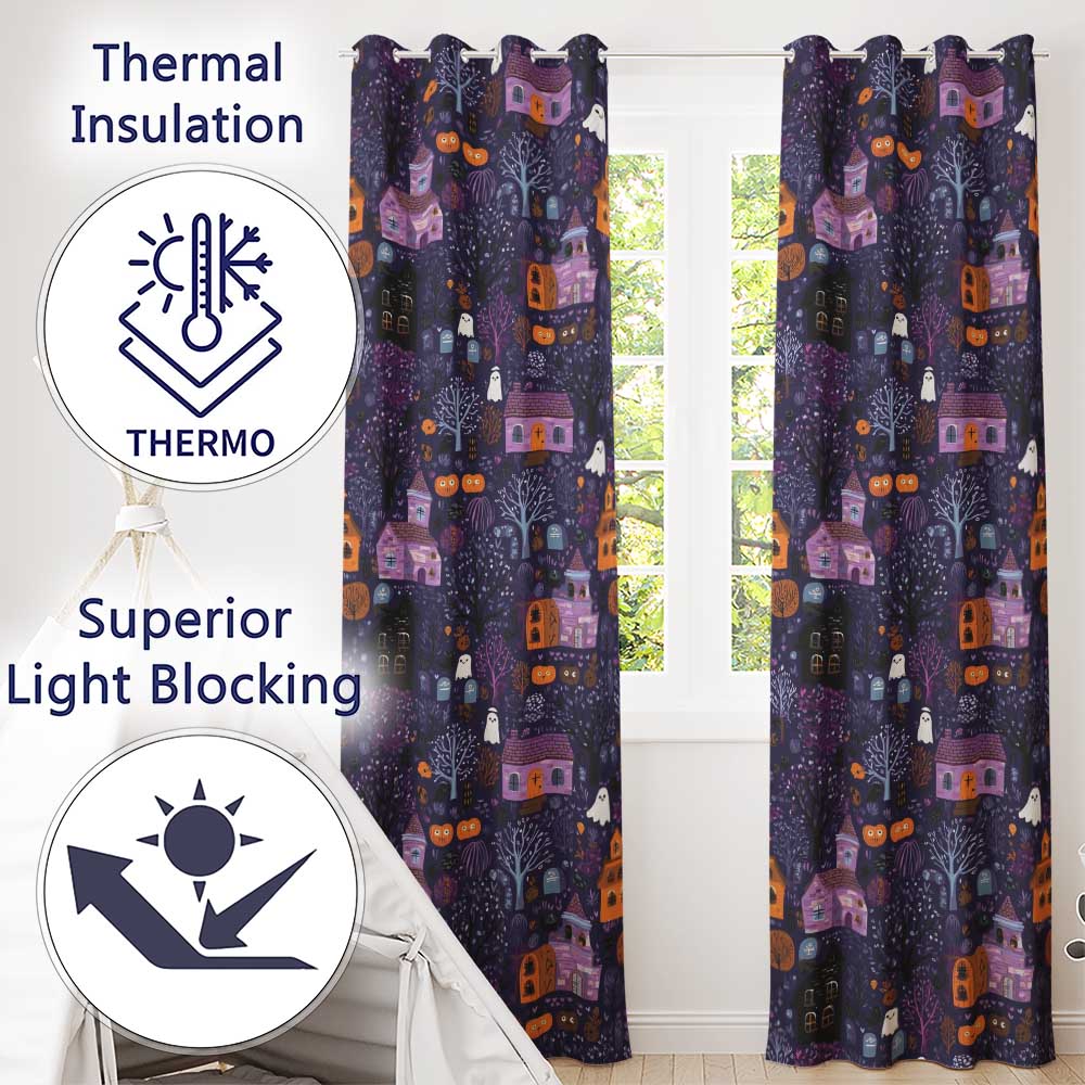 Haunted Village Purple Night Halloween Seamless Pattern  Readymade Eyelet Ring Top Thermal 100% Blackout Curtains