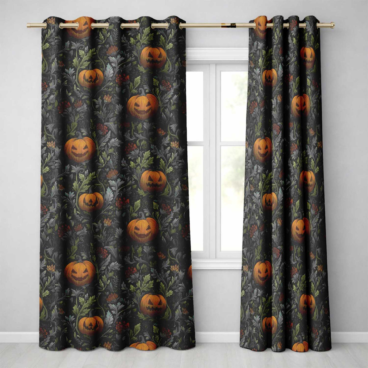 Vintage Pumpkin Botanical Dark Floral Seamless Pattern  Readymade Eyelet Ring Top Thermal 100% Blackout Curtains