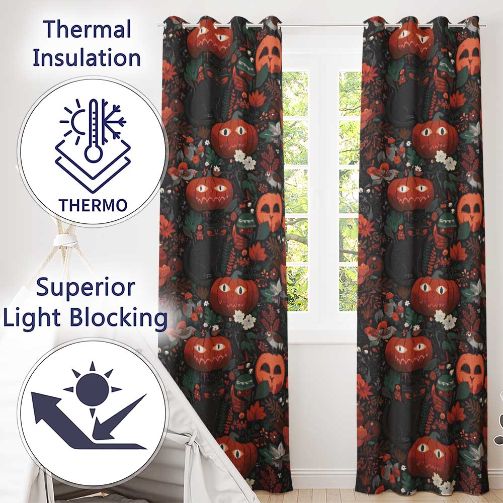 Halloween Black Cat Pumpkin Autumn Leaves Seamless Pattern  Readymade Eyelet Ring Top Thermal 100% Blackout Curtains