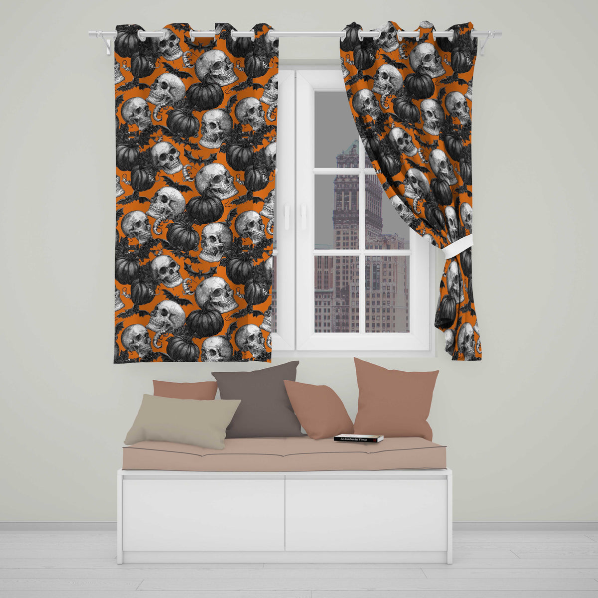 Halloween Skull Bat Pumpkin Orange Background Seamless Pattern  Readymade Eyelet Ring Top Thermal 100% Blackout Curtains