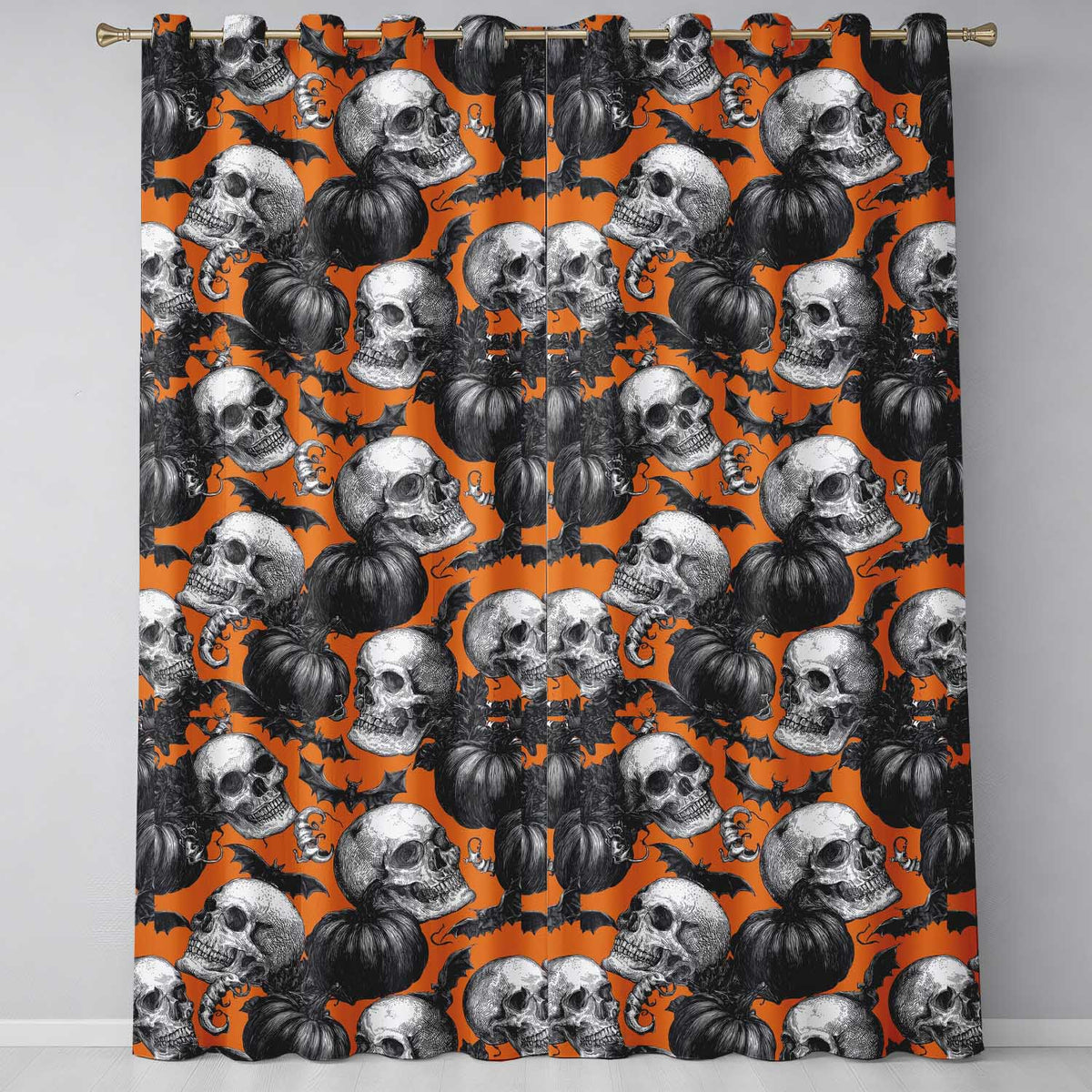 Halloween Skull Bat Pumpkin Orange Background Seamless Pattern  Readymade Eyelet Ring Top Thermal 100% Blackout Curtains