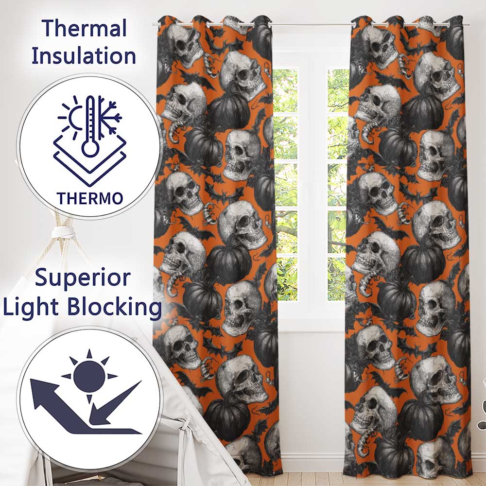 Halloween Skull Bat Pumpkin Orange Background Seamless Pattern  Readymade Eyelet Ring Top Thermal 100% Blackout Curtains