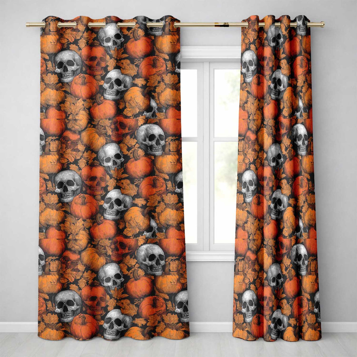 Autumn Skull Pumpkin Leaves Vintage Engraving Seamless Pattern  Readymade Eyelet Ring Top Thermal 100% Blackout Curtains