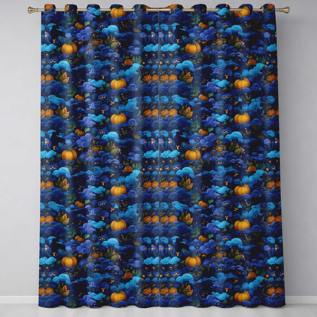 Abstract Blue Pumpkin Fantasy Landscape Seamless Pattern  Readymade Eyelet Ring Top Thermal 100% Blackout Curtains