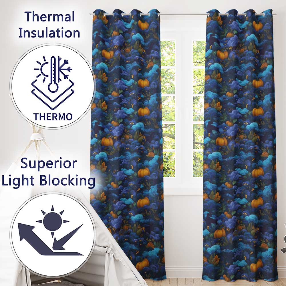 Abstract Blue Pumpkin Fantasy Landscape Seamless Pattern  Readymade Eyelet Ring Top Thermal 100% Blackout Curtains