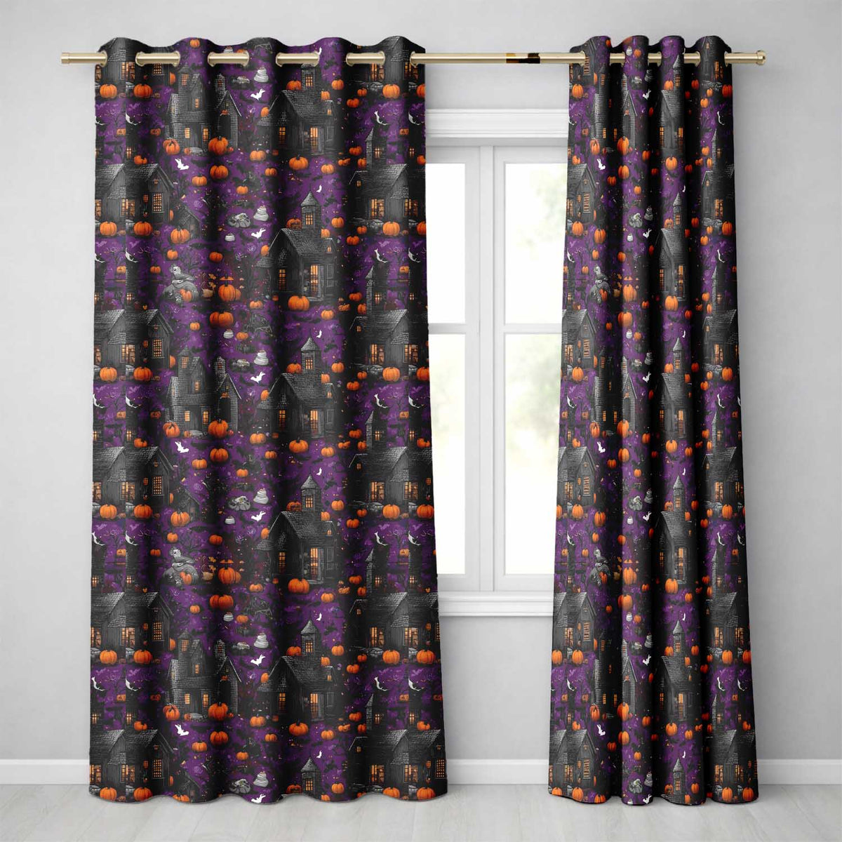 Spooky Haunted Houses Pumpkins Bats Night Seamless Pattern  Readymade Eyelet Ring Top Thermal 100% Blackout Curtains