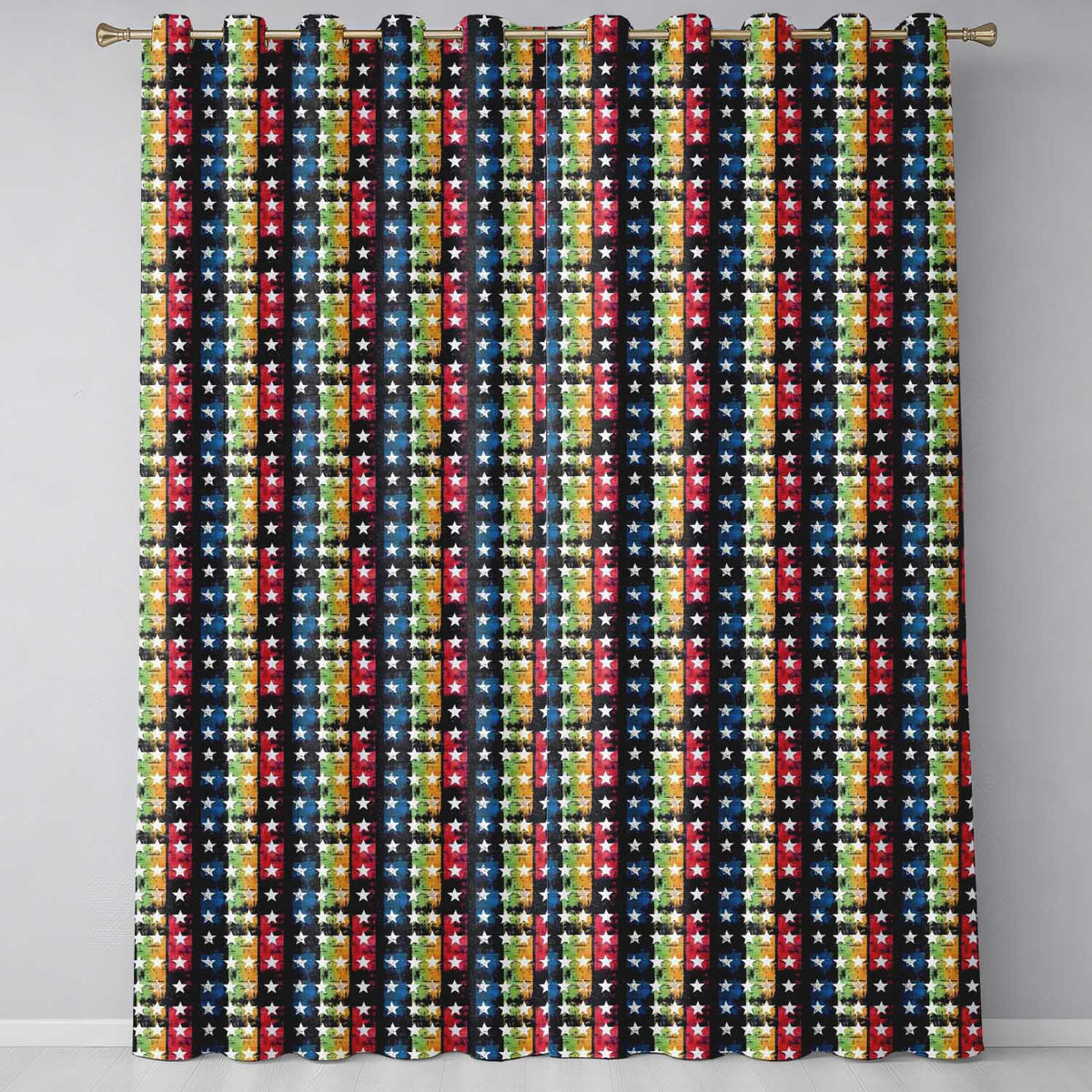 Grunge Rainbow Stripe Stars Dark Background Seamless Pattern  Readymade Eyelet Ring Top Thermal 100% Blackout Curtains