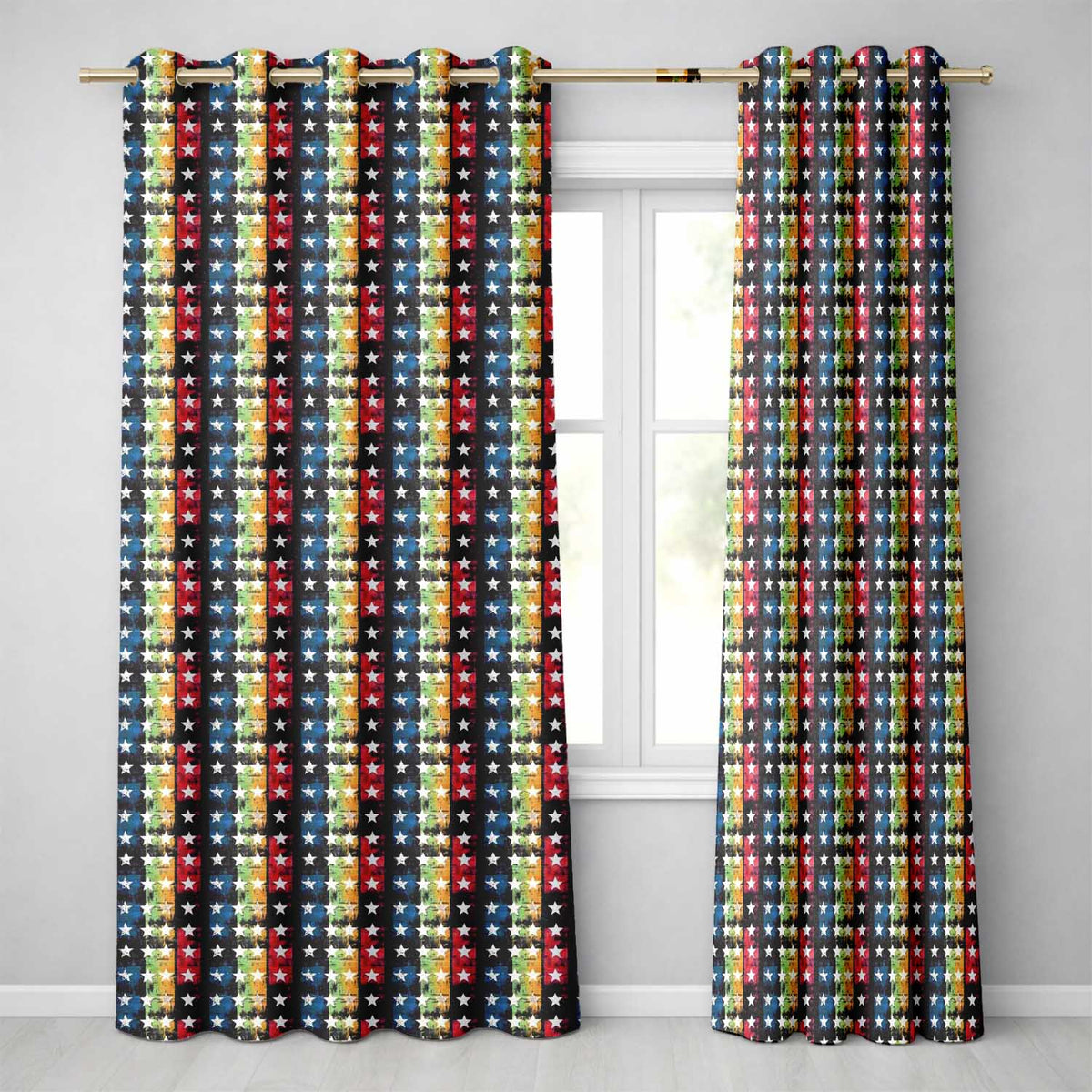 Grunge Rainbow Stripe Stars Dark Background Seamless Pattern  Readymade Eyelet Ring Top Thermal 100% Blackout Curtains