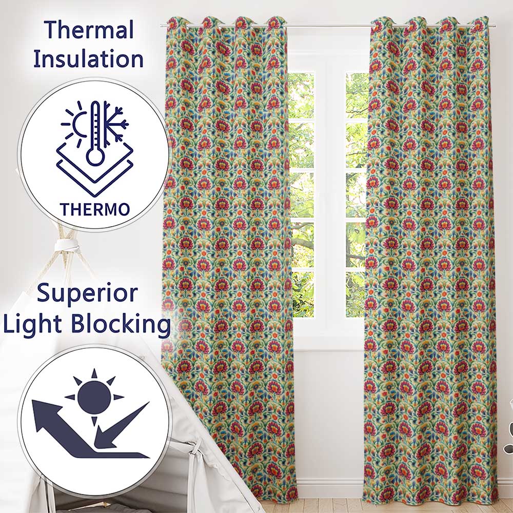 Scandinavian Folk Floral Meadow Bright Flowers Seamless Pattern  Readymade Eyelet Ring Top Thermal 100% Blackout Curtains