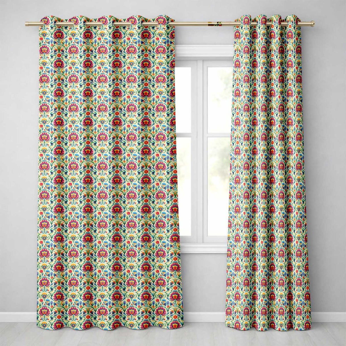Scandinavian Folk Floral Meadow Bright Flowers Seamless Pattern  Readymade Eyelet Ring Top Thermal 100% Blackout Curtains