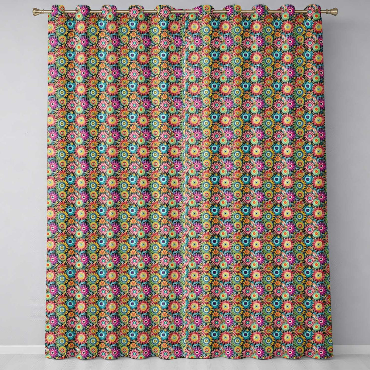 Colorful Dense Floral Meadow  Bloom Seamless Pattern  Readymade Eyelet Ring Top Thermal 100% Blackout Curtains