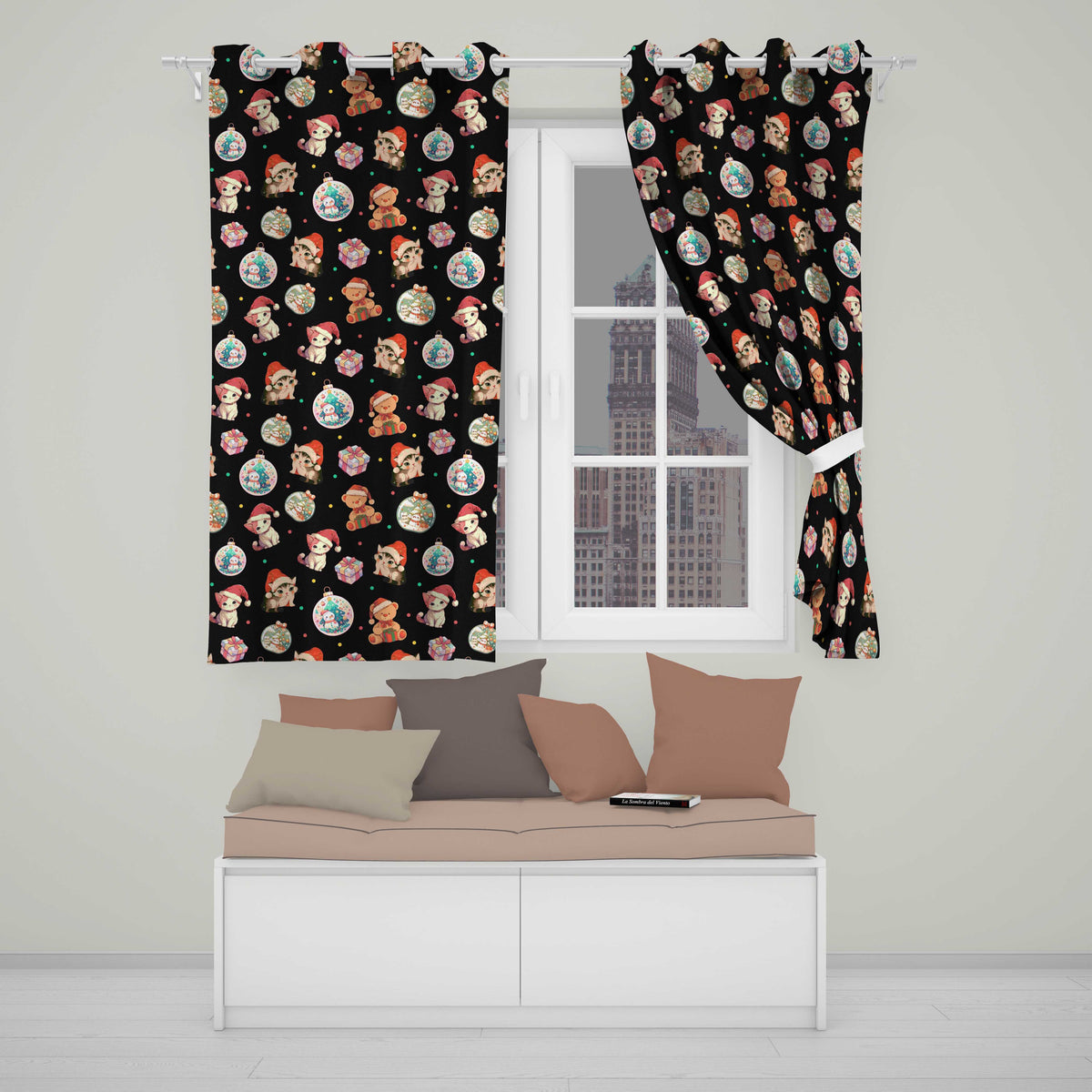 Cute Christmas Cats Teddy Gift Seamless Pattern  Readymade Eyelet Ring Top Thermal 100% Blackout Curtains