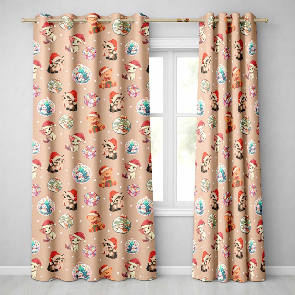 Cute Christmas Cats Teddy Peach Background Seamless Pattern  Readymade Eyelet Ring Top Thermal 100% Blackout Curtains