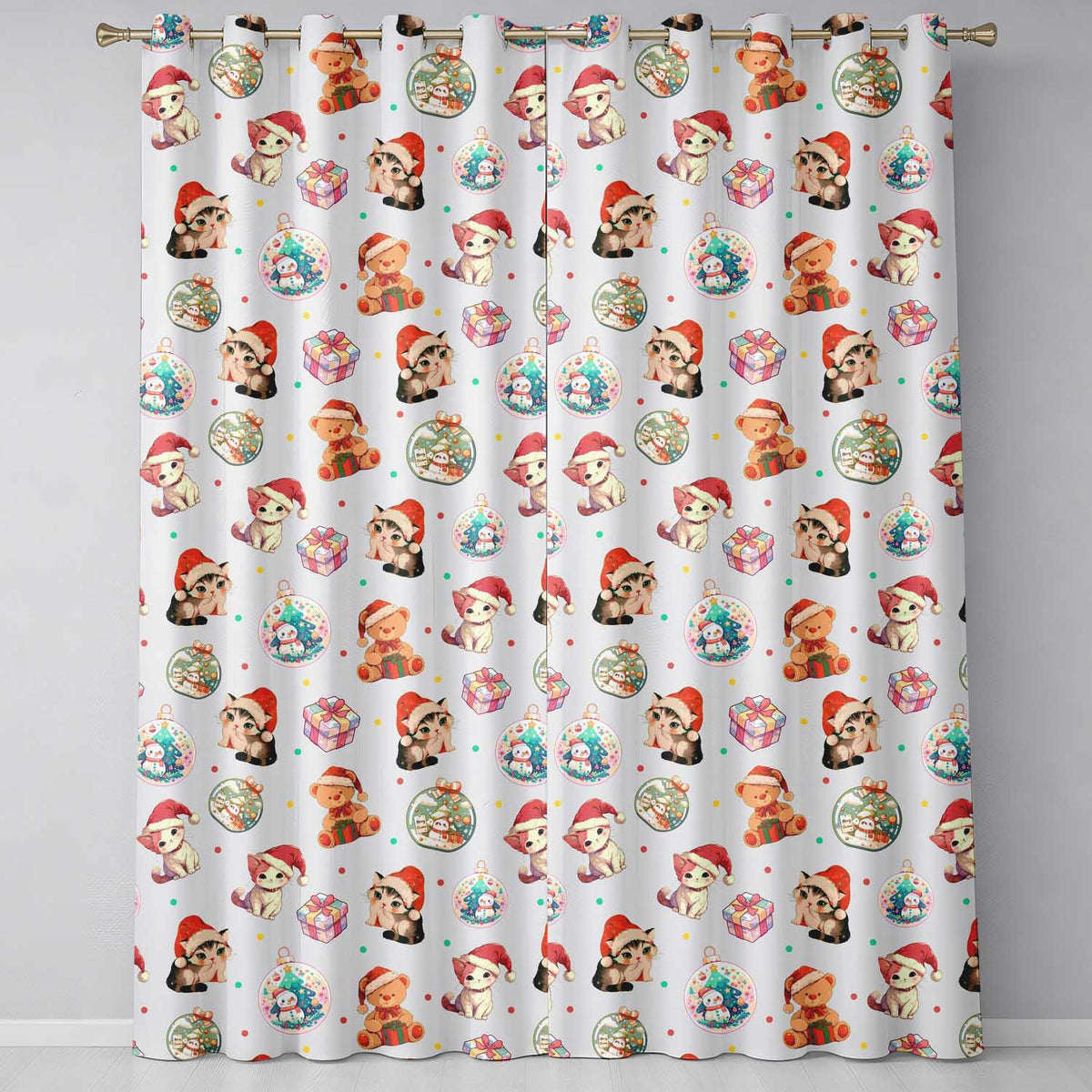 Cute Christmas Cats Teddy Cream Background Seamless Pattern  Readymade Eyelet Ring Top Thermal 100% Blackout Curtains