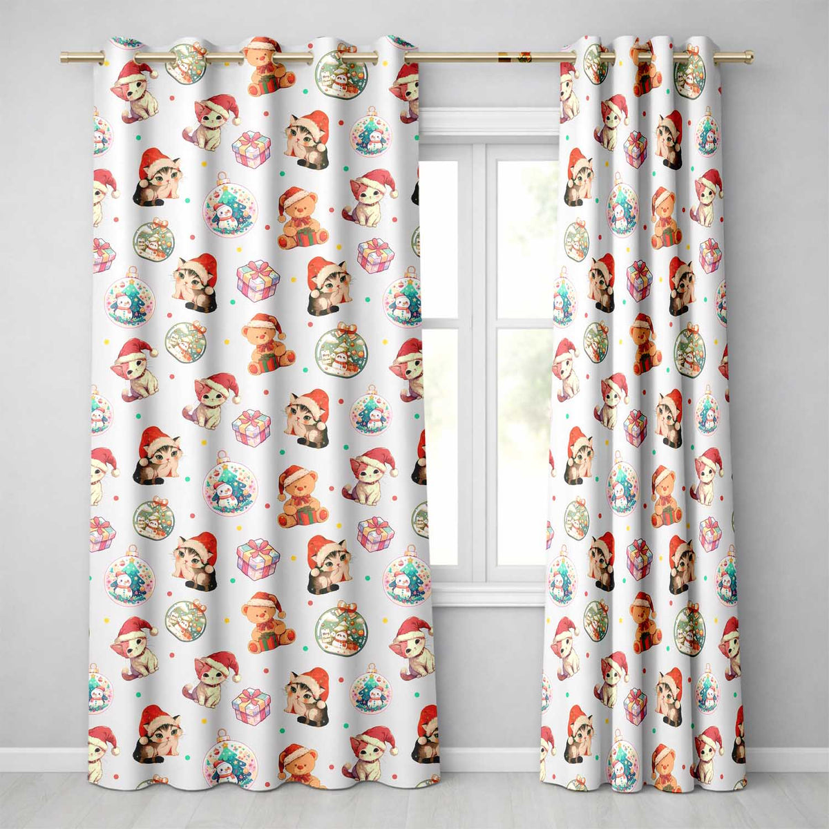 Cute Christmas Cats Teddy Cream Background Seamless Pattern  Readymade Eyelet Ring Top Thermal 100% Blackout Curtains