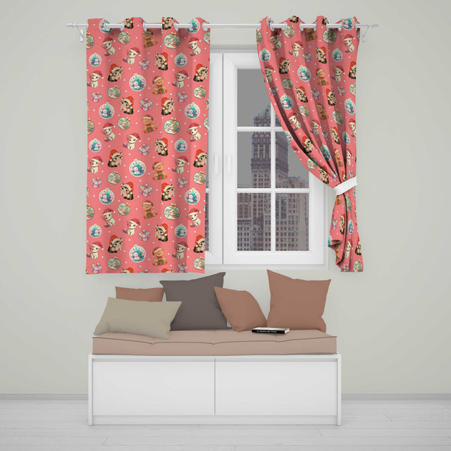 Cute Christmas Cats Teddy Red Background Seamless Pattern  Readymade Eyelet Ring Top Thermal 100% Blackout Curtains