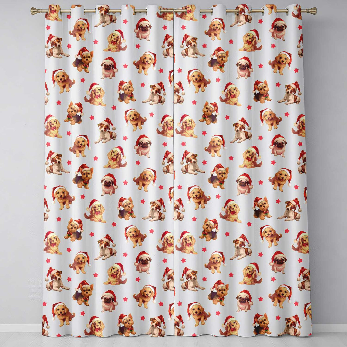 Cute Christmas Dogs Santa Hat Cream Star Background Seamless Pattern  Readymade Eyelet Ring Top Thermal 100% Blackout Curtains