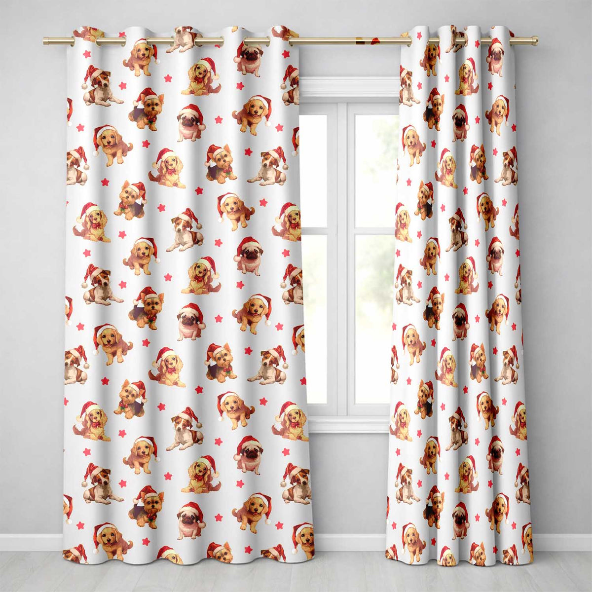 Cute Christmas Dogs Santa Hat Cream Star Background Seamless Pattern  Readymade Eyelet Ring Top Thermal 100% Blackout Curtains