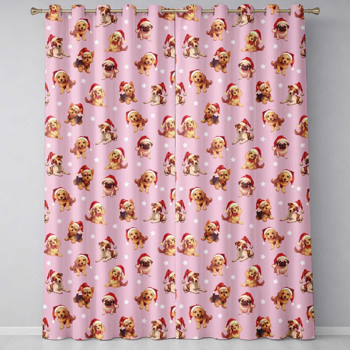 Cute Christmas Dogs Santa Hat Soft Pink Star Background Seamless Pattern  Readymade Eyelet Ring Top Thermal 100% Blackout Curtains