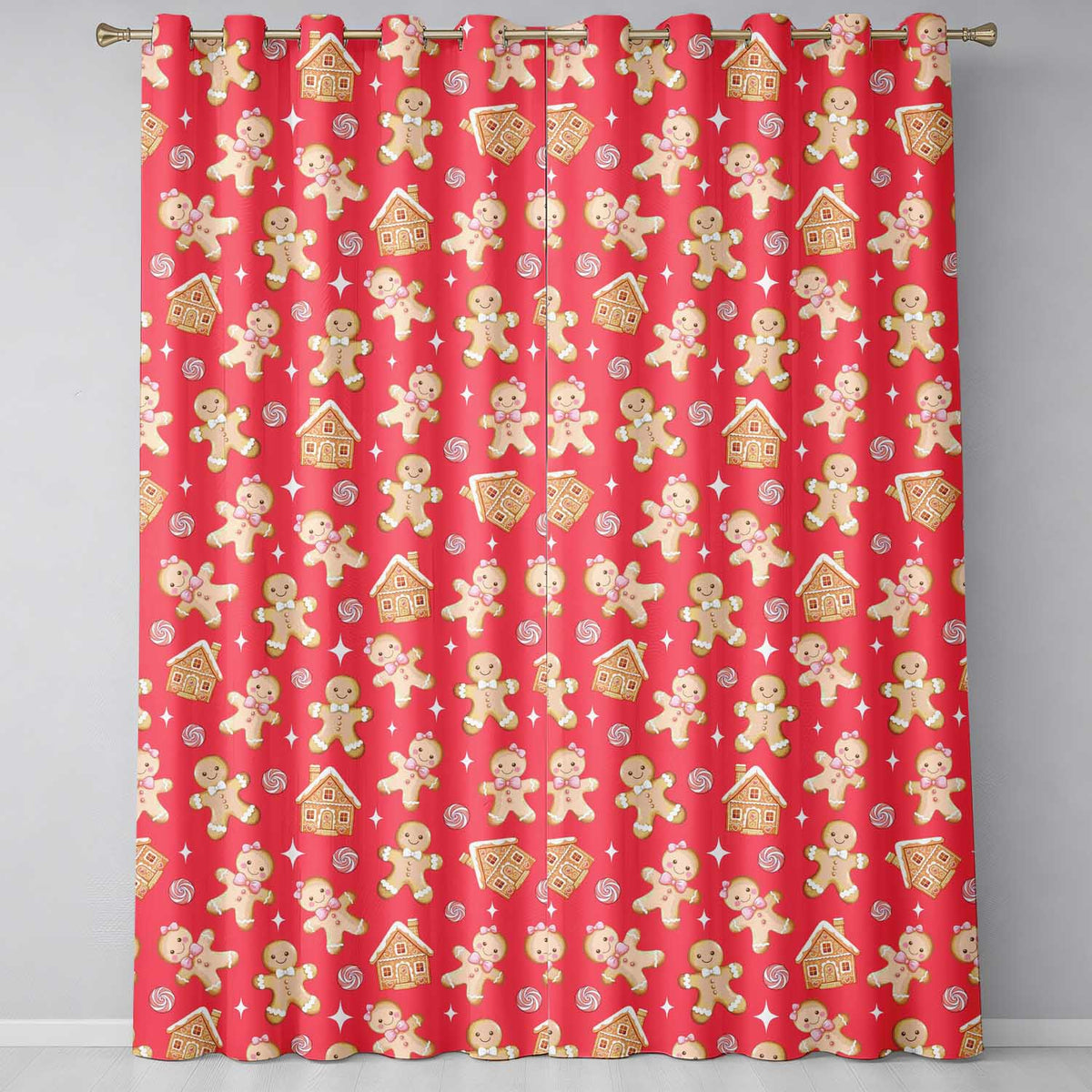 Cute Gingerbread Cookies Candy House Red Background Seamless Pattern  Readymade Eyelet Ring Top Thermal 100% Blackout Curtains