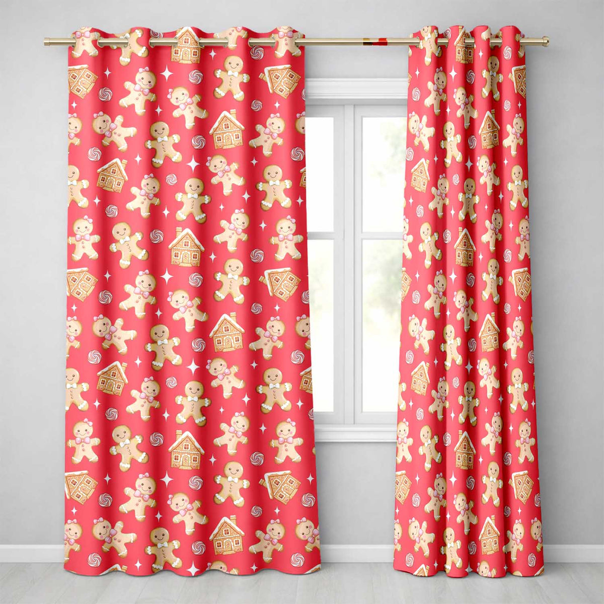 Cute Gingerbread Cookies Candy House Red Background Seamless Pattern  Readymade Eyelet Ring Top Thermal 100% Blackout Curtains