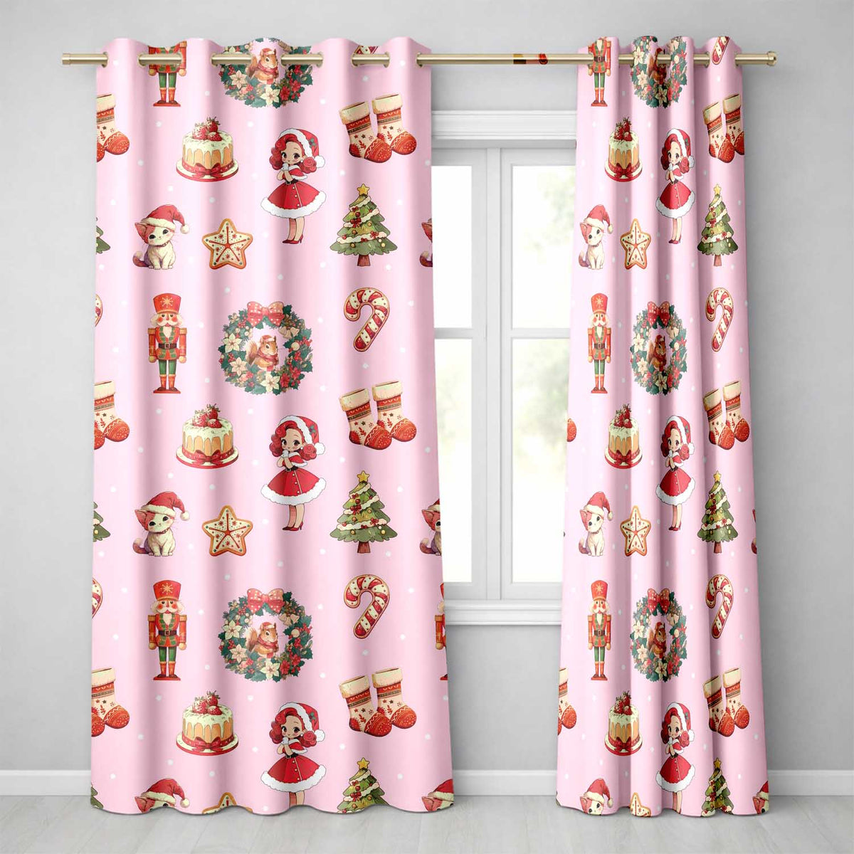Christmas Nutcracker Wreath Cake Girl Soft Pink Background Seamless Pattern  Readymade Eyelet Ring Top Thermal 100% Blackout Curtains