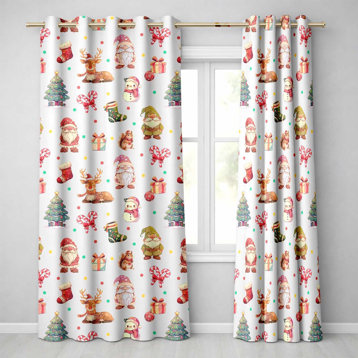 Cute Christmas Gnome Reindeer Snowman Gift Cream Background Seamless Pattern  Readymade Eyelet Ring Top Thermal 100% Blackout Curtains