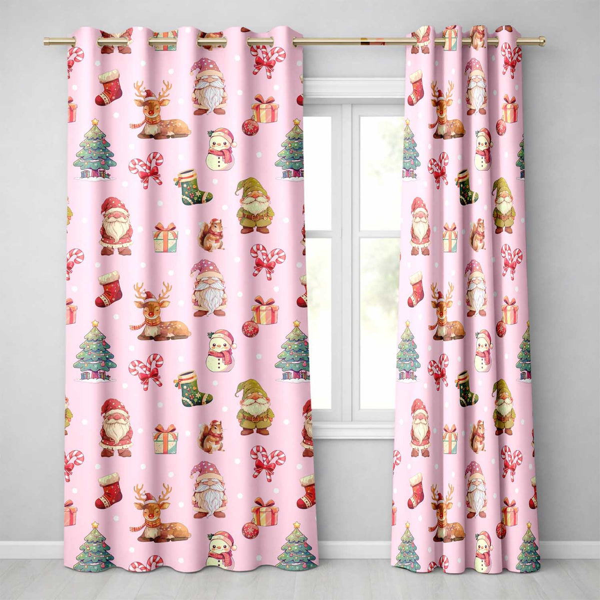 Cute Christmas Gnome Reindeer Snowman Gift Pink Background Seamless Pattern  Readymade Eyelet Ring Top Thermal 100% Blackout Curtains