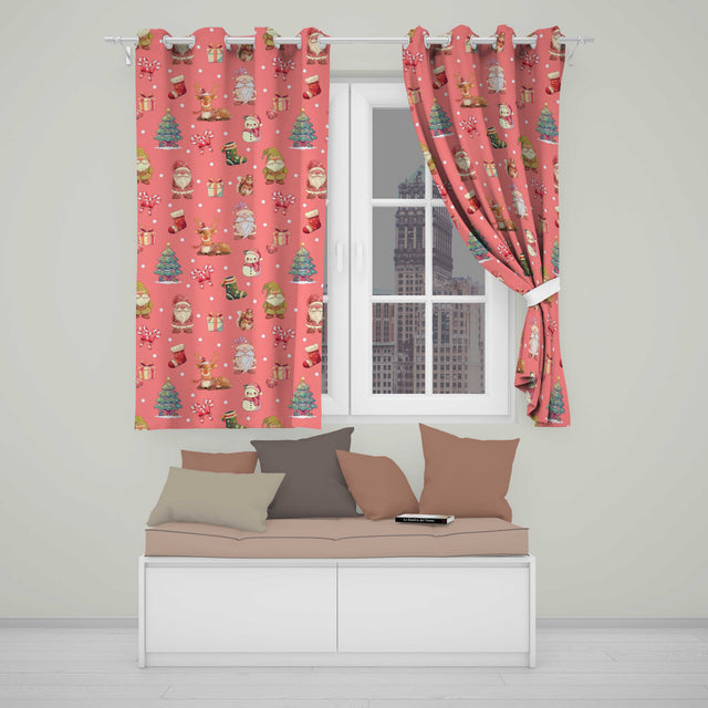 Cute Christmas Gnome Reindeer Snowman Gift Coral Background Seamless Pattern  Readymade Eyelet Ring Top Thermal 100% Blackout Curtains