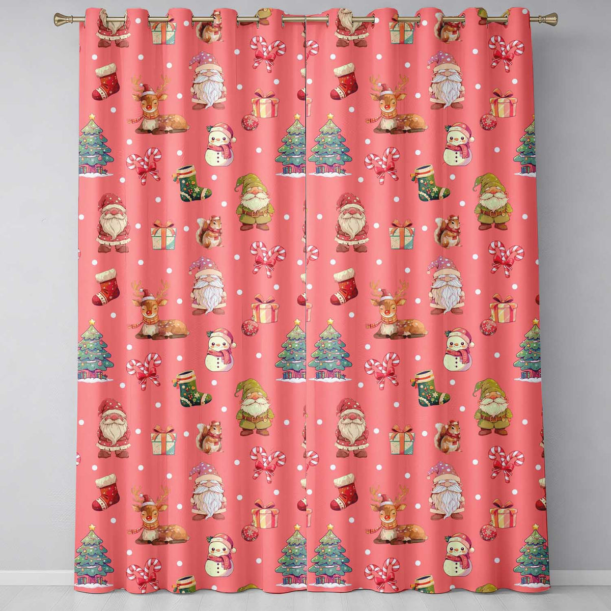 Cute Christmas Gnome Reindeer Snowman Gift Coral Background Seamless Pattern  Readymade Eyelet Ring Top Thermal 100% Blackout Curtains