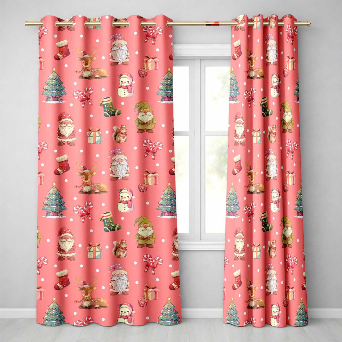 Cute Christmas Gnome Reindeer Snowman Gift Coral Background Seamless Pattern  Readymade Eyelet Ring Top Thermal 100% Blackout Curtains