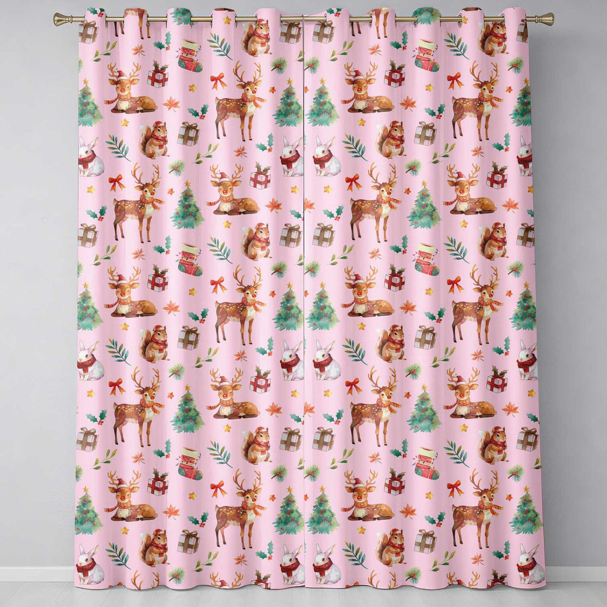 Cute Christmas Deer Squirrel Leaves Gift Pattern Pink Background Seamless  Readymade Eyelet Ring Top Thermal 100% Blackout Curtains