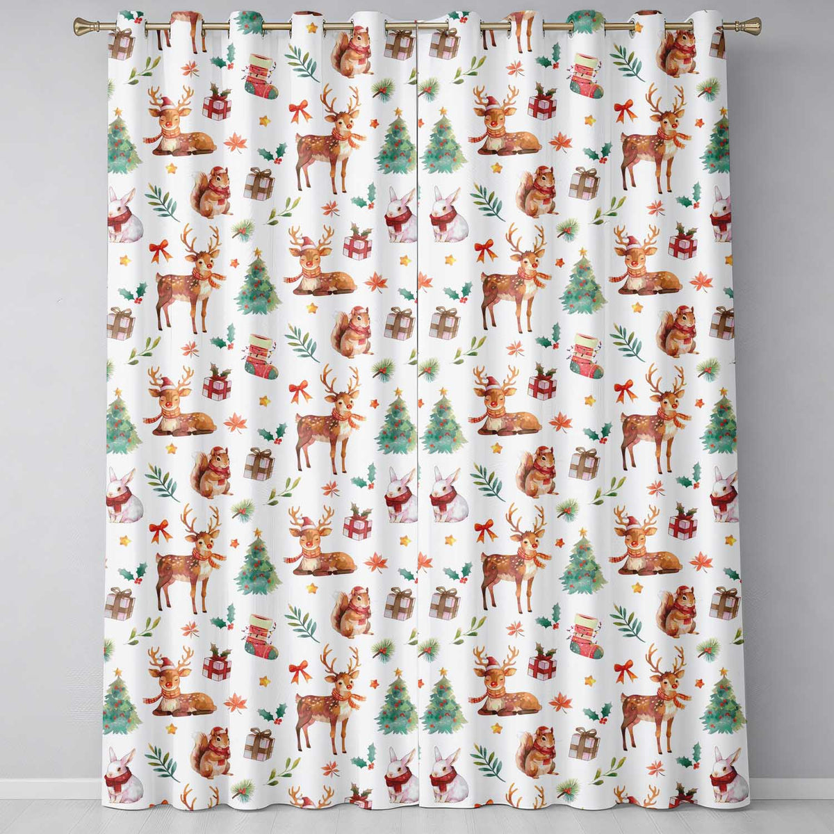Cute Christmas Deer Squirrel Holly Leaves Gift Seamless Pattern Grey Background  Readymade Eyelet Ring Top Thermal 100% Blackout Curtains